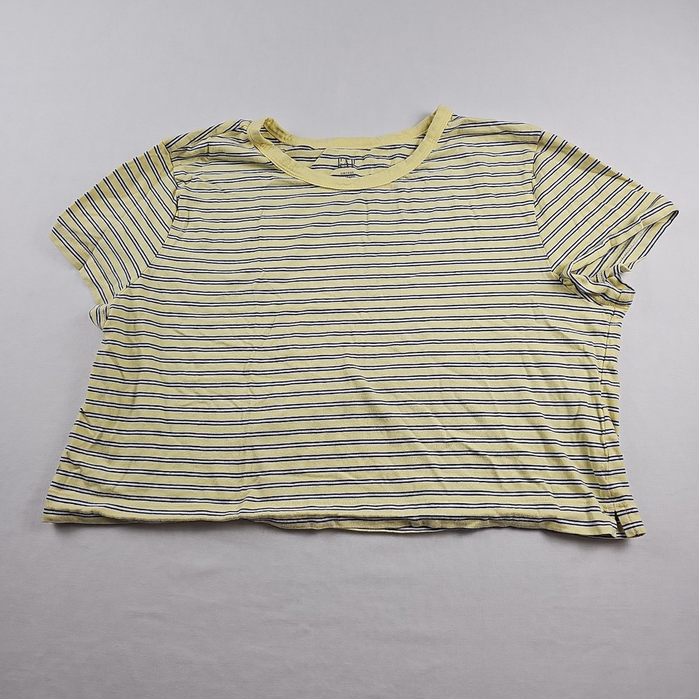 Vintage GAP Women's Cropped  T-Shirt  Sz L Yellow Striped 100% Organic Cotton
